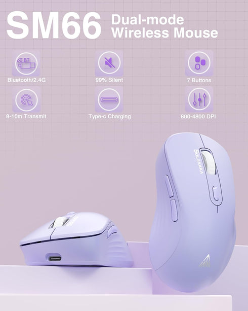 SM66 Purple Silent Dual Mode Wireless Mouse for Laptop, Adjustable 4800 DPI,Rechargeable Computer Mouse for Bluetooth and Wireless Connection...