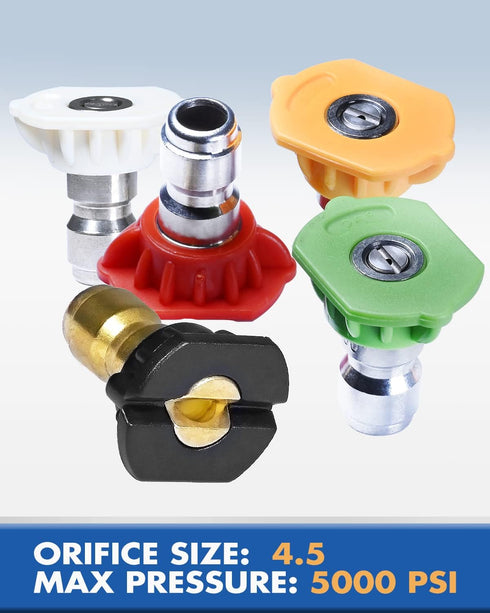 Pressure Washer Nozzle Tips, 4.5 Orifice, Design Up to 5000 PSI, Multiple Degrees, for Hot and Cold Water Use, Universal 1/4 inch Quick Connect, R...