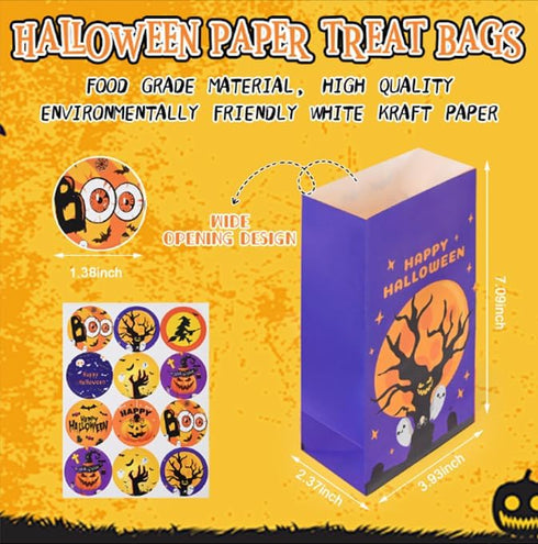 Halloween Treat Bags: 24pcs Halloween Paper Treat Bags with Stickers, Halloween Candy Bags, Halloween Trick or Treat Bags, Wide Opening for Easy F...