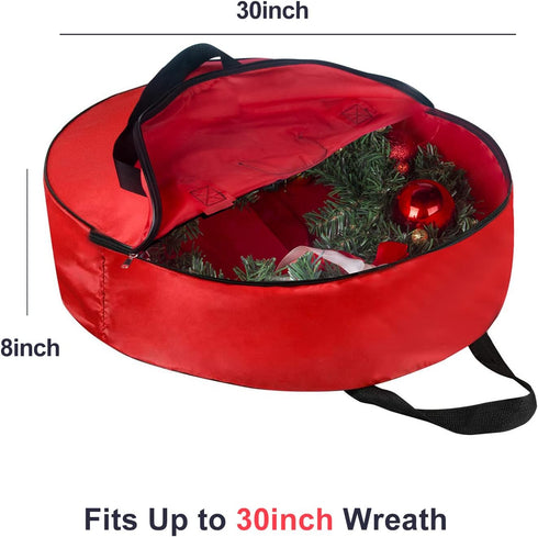 TQS Large Christmas Wreath Storage Bag - 30 Inch, Red, Cotton, Zipper Closure, Reinforced Handles, Double Zippers, Clear Card Slot, Ideal for Chri...