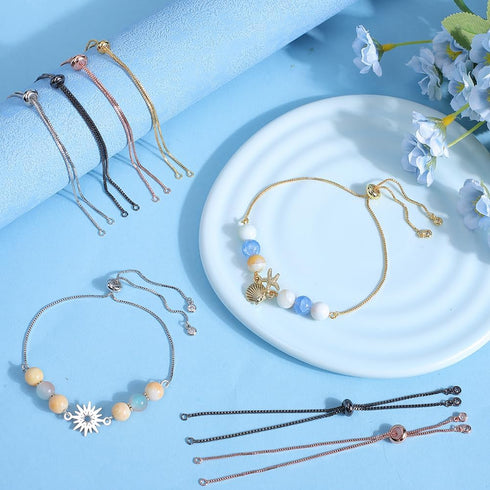 1 Box 12Pcs 4 Colors Slider Bracelet Chain Adjustable Slider Bracelets Bead Ends Chains with Rhinestone Brass Slider Bracelet findings for jewelry...