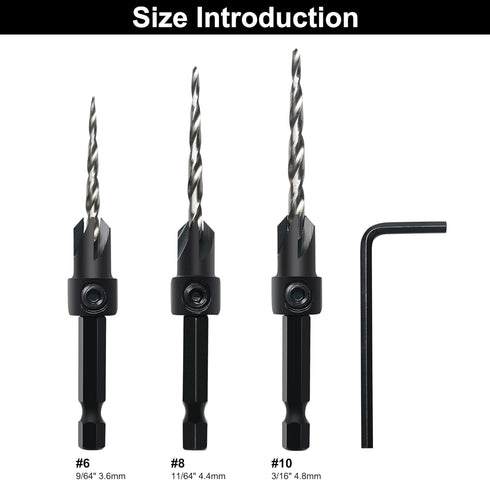 Countersink Drill Bit Set, 3Pcs Tapered Drill Bits M2 HSS, with 1/4" Hex Shank Quick Change and Allen Wrench, Counter Sinker Set for Woodworking a...