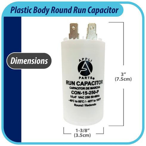 Appli Parts Run Capacitor for electric motors 15 Mfd uF (microfarads) 250VAC Plastic Case with terminals CBB60 Round Universal fit water pumps and...