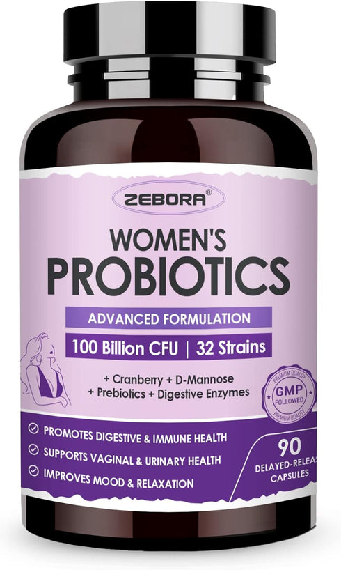 ZEBORA Probiotics for Women Digestive Health with Enzymes & Prebiotics 100 Billion CFUs| Vaginal Probiotics with D Mannose & Cranberry | Urinary T...
