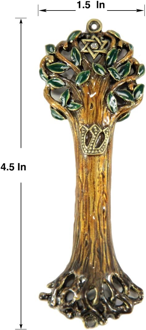 Mezuzah Case | Mezuzah Cover | Artwork Tree of Life Wooden Texture Design and Crafted in Brass 4" for The Jewish Homes | Rainbow Color (Brown | Gr...