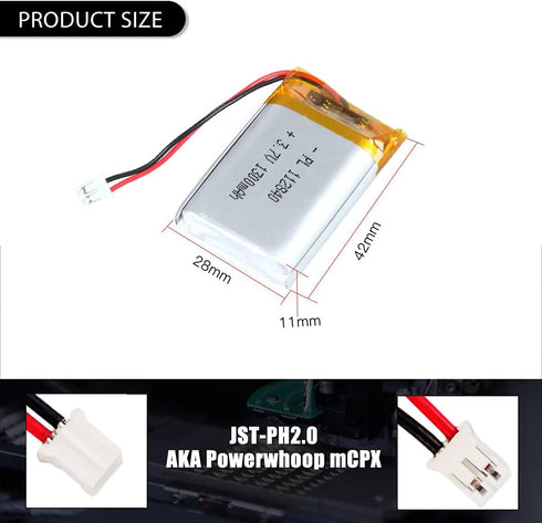 3.7V 1300mAh 112840 Lipo Battery Rechargeable Lithium Polymer ion Battery Pack with JST Connector...