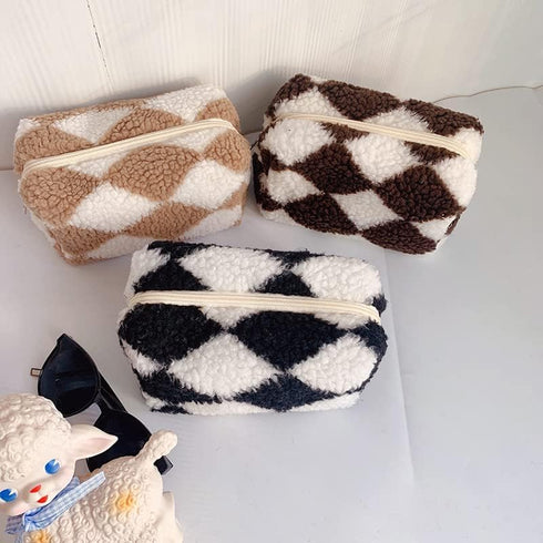 3pcs Checkered Plush Makeup Bag Terry Cloth Cosmetic Bag Zipper Travel Toiletry Bag Organizer Soft Pencil Pouch Case Makeup Brushes Storage Bag fo...