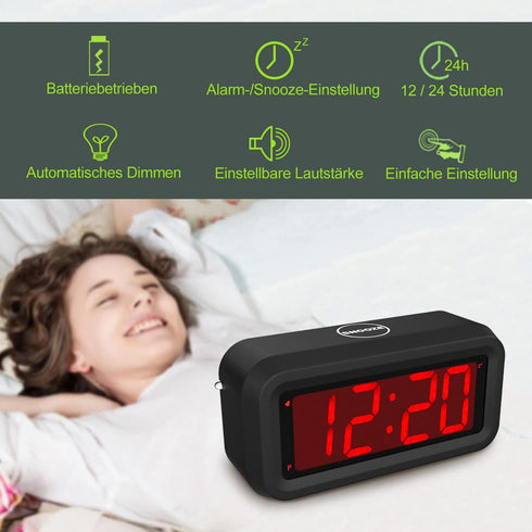 Digital Alarm Clock, Small Wall Clock, Battery Operated, 1.2" LED Large Display, 2-Level Brightness Dimmer, 12/24Hr, Snooze, 4 PCS AA Batteries La...