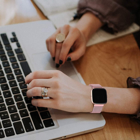 ZWGKKYGYH Compatible with Fitbit Versa and Versa 2 Bands for Women Men, Rose Gold Stainless Steel Metal Mesh Magnetic Band Bracelet Strap Replacem...