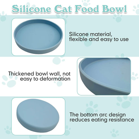 Silicone Cat Bowl Set of 2 Shallow Cat Food Dish 7in Wide Cat Plates Relief Whisker Fatigue Pet Feeding Bowls for Kittens Puppy Dog (Round Blue)...
