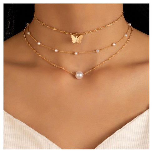Bohemia Layering Necklace Choker Chain Gold Butterfly Pendant Necklace Chain Floating Pearl Choker Necklace Pearl Beads Necklace Jewelry for Women...