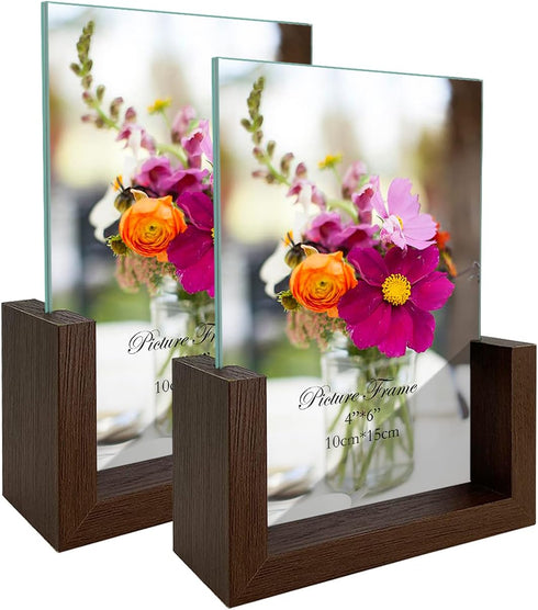 RLAVBL 4x6 Picture Frame Set of 2, Rustic Double Sided Tempered Glass Photo Frames with Wooden Base for Tabletop or Desktop Display...