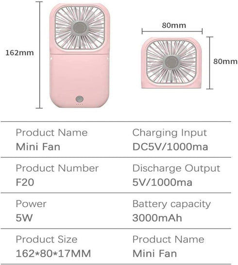 Portable Neck Fan Mini Quiet Handheld Personal Foldable USB Rechargeable Fan Operated for Home Office Outdoor Travel, 3000mAh Power Bank Hands Fre...
