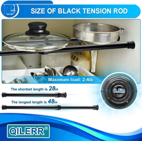 Tension Rods 28 to 48 Inches 6 Pack Adjustable Extension Black Spring Loaded Curtain Tension Rod for Windows, Closet, Cupboard, Kitchen, Bathroom,...