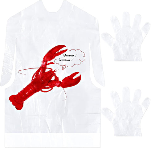 50pcs Crab Lobster Bibs and 50 Pairs of Plastic Disposable Gloves Disposable Adult Crab Feast Bibs for Seafood(Lobster Style)...