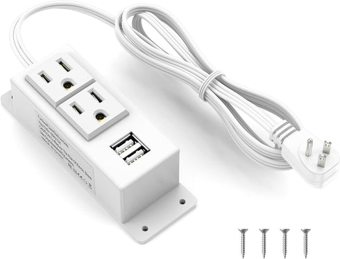 Kungfuking Power Strip with USB, Wall Mountable Socket Surge Protector Power Strip with 2 AC Outlets and 2 USB Charging Ports White Extension Cord...
