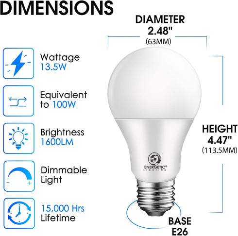 Energetic LED Bulbs 100 Watt Equivalent?Natural White 4000K A19 Dimmable Light Bulbs, 13.5W 1600lm CRI80+, 15000Hrs, UL Listed, 6-Pack...