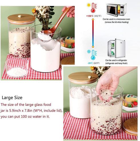 Glass Flour Container with Airtight Bamboo Lid, Large Glass Food Jar with Wooden Lid for Storage Flour, Sugar, Cookies, Rice, Coffee Beans and etc...