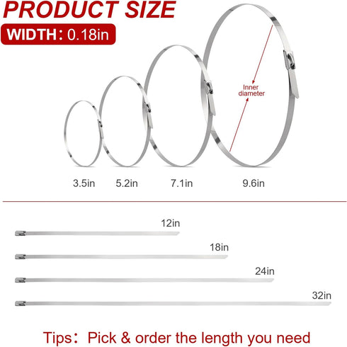 Metal Zip Ties 12inch Stainless Steel Cable Ties 100 Pack 270lbs Heavy Duty Self-locking Wire Ties High Temp Zipties Chain Link fence Ties Multi P...