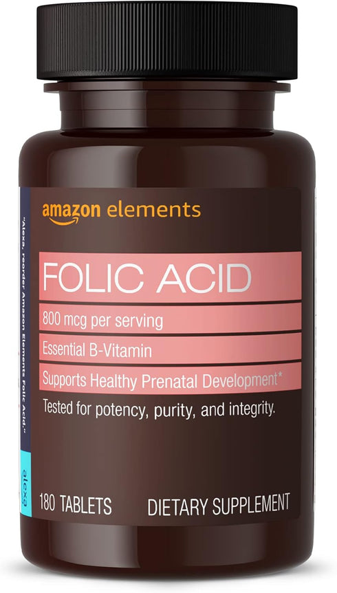 Amazon Elements Folic Acid 800 mcg per serving, Tablet, 180 Count, Pack of 1, Women's Dietary Supplement for Healthy Prenatal Development, 6 Month...