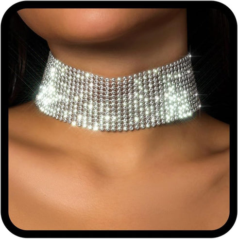 Nicute Rhinestone Necklace Jewelry Silver Crystal Wide Choker Necklace Sparkly Collar Necklaces Prom for Women...