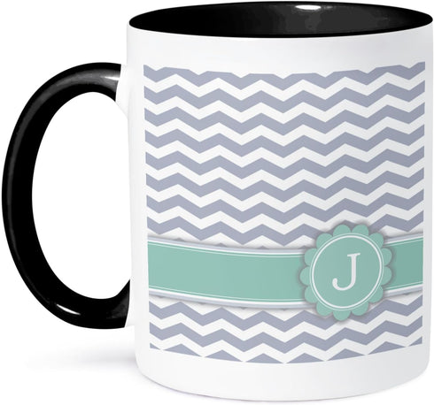 3dRose (mug_154229_4) Letter J monogrammed on grey and white chevron with mint - gray zigzags - personal initial zig zags - Two Tone Black Mug, 11...