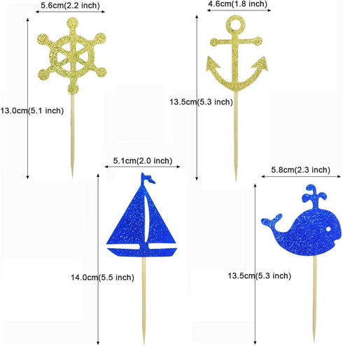 Morndew 24 PCS Anchor Boat Rudder Whale Sailboat Cupcake Toppers for Ocean Sailing Theme Party Birthday party Baby Shower Wedding Party Decoration...