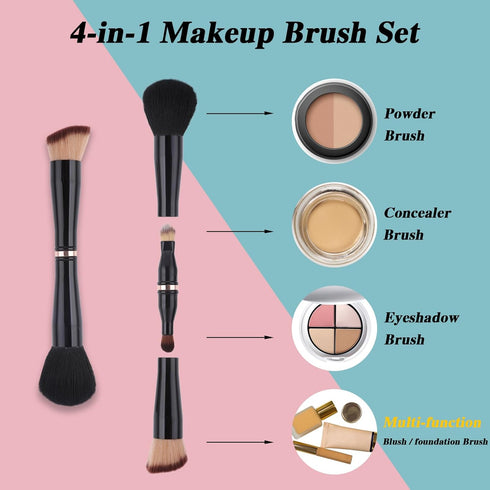 4 in-1 Makeup Brush Set, Foundation Brush Blush Brush Eyeshadow Powder Brush Concealer Brush All-in-One Travel Makeup Brushes Double Ended Makeup ...