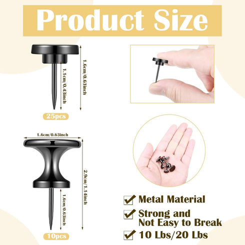 Metal Push Pins, 35 Pieces Large Double Headed Picture Hanging Nails and Black Thumb Tacks for Wall Cork Board Poster Hanging, Wall Pins Wall Tack...