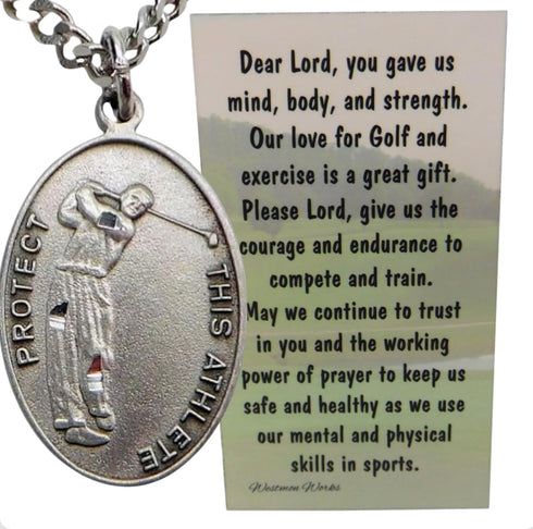 Westmon Works Golfers Pewter Medal Necklace with St Sebastian Stainless Steel Chain Boxed Set with Golf Prayer Card Saint Expressions Premium Jewe...