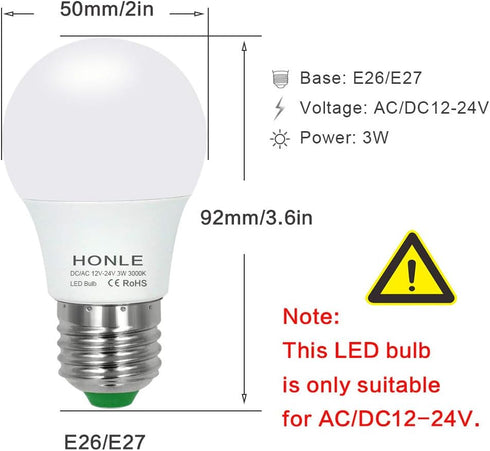 Honle E26 LED Light Bulbs 3W 12V Low Voltage Warm White 3000K E27 Edison Standard Screw Base 25W Equivalent Pack of 2...