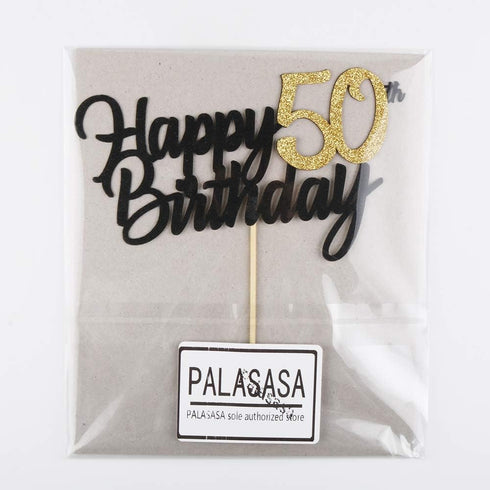 PALASASA Black Gold Glitter Happy Birthday cake topper - 50 Anniversary/Birthday Cake Topper Party Decoration (50th)...