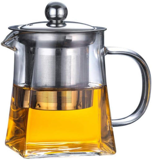 Glass Teapot with Stainless Steel Infuser & Lid, Borosilicate Glass Tea Kettle Stovetop Safe, Blooming & Loose Leaf Teapot,Glass Square Pot (350ML...