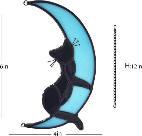 Black Cat Decor On Blue Moon Stained Window Hanging, Stained Cat Suncatchers Decoration Cat Decor for Cat Lovers Indoor...