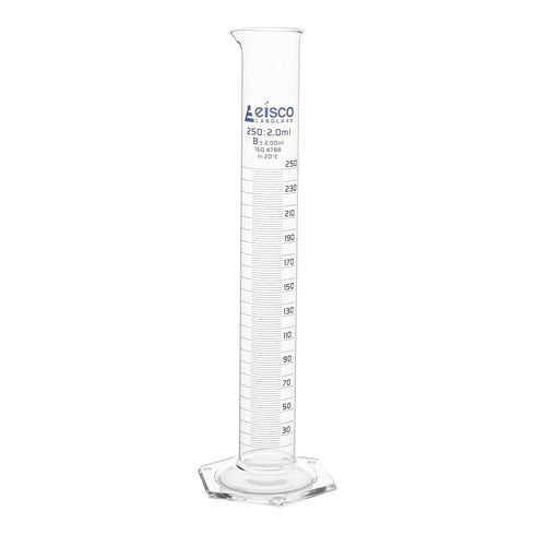EISCO Graduated Cylinder, 250ml - Class B Tolerance ±2.00ml Hexagonal Base Blue Graduations Borosilicate 3.3 Glass- Eisco Labs...