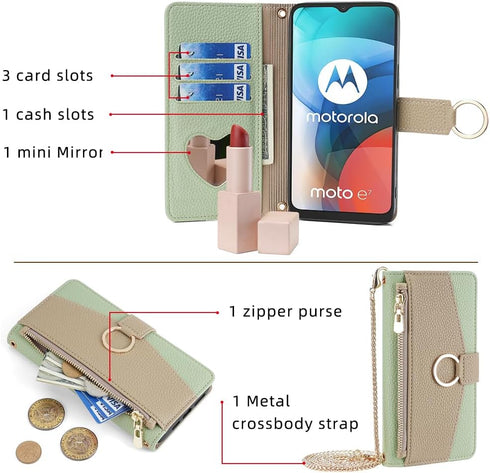 Phone Case for Moto E 2020 Motorola E7 Wallet Cover with Screen Protector and Mirror Flip Cover Ring Card Holder Crossbody Strap Cell MotoE MotoE7...