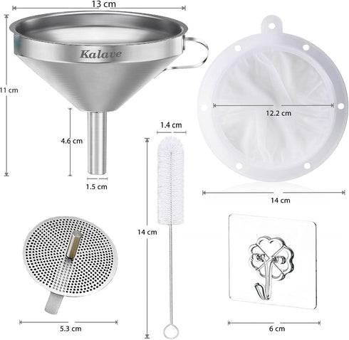 KALAVE Premium Stainless Steel Funnel, 5 Inch Food Grade Kitchen Funnels with 200 Mesh Food Filter Strainer for Filling Bottles, Oils, Juice, Wine...