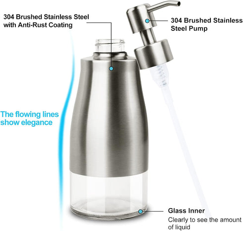 Dish Soap Dispenser with Stickers, Brushed Nickel Stainless Steel and Glass Combined, Refillable Liquid Hand Soap Dispenser for Bathroom & Kitchen...