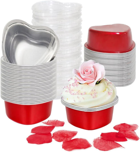 Heart Shaped Cake Pans for Baking with Red Petals, BLVRYVIO 50 Sets Aluminum Cupcake Cups with Lids, 100 ml/ 3.5 Ounces Red Disposable Mini Foil P...