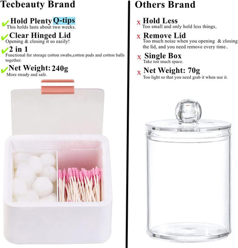 Tecbeauty 2 Slot Cotton Swab Ball Qtip Holder Jar Plastic Container Dispenser Box with Hinged Lid for Bathroom Home Storage Organizer...