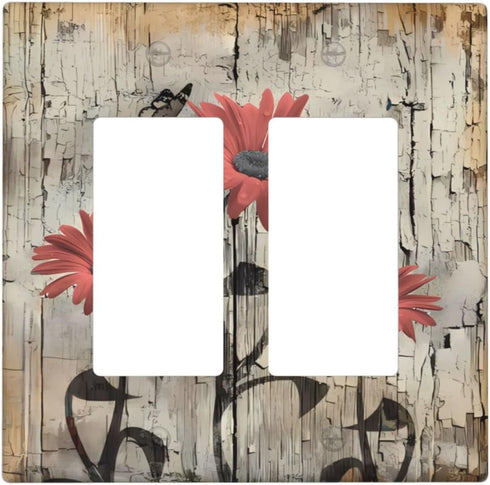 Red Brown Wood Butterfly Daisy Rustic Double Decor Light Switch Cover Decorative 2 Gang Rocker Wall Plate Electrical Switchplate GFCI Faceplate fo...