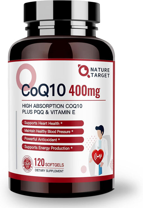 NATURE TARGET CoQ10-400mg Plus PQQ with Vitamin E & Organic Olive Oil - Coenzyme-Q10 with BioPerine - High Absorption Antioxidant-for-Heart-Health...