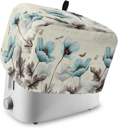 2 Slice Toaster Cover, Bread Machine Cover Retro Turquoise Flowers Butterfly Dragonfly Country Style Kitchen Appliance Dust Cover Top Handle Finge...