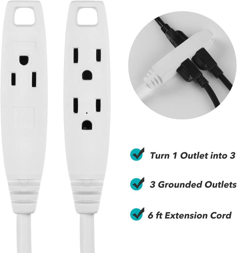 Clear Power 6 ft 3 Outlet Heavy Duty Flat Plug Extension Cord 14/3 SJT for Small Tools, Appliance and Office Equipment, White, 3 Prong Grounded, D...