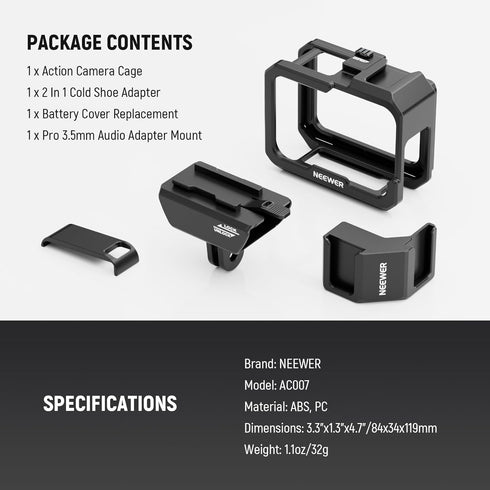 NEEWER Video Rig Cage Compatible with GoPro Hero 12 11 10 9 Light Mod Max Lens Mod, Durable Plastic with 3.5mm Media Audio Mic Adapter Mount, Cold...