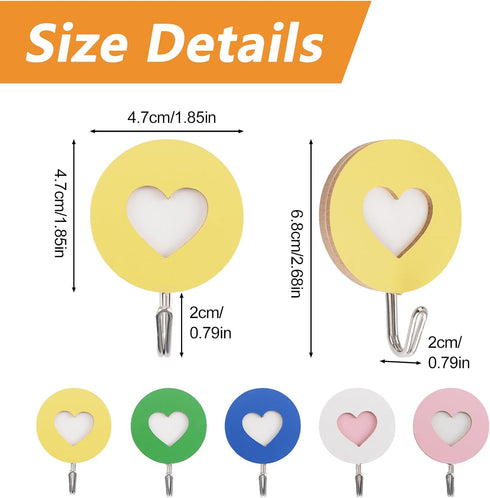 Wooden Double Heart-Shaped Self-Adhesive Hooks, 5pcs Key Holder Coat Hook Strong Adhesive Hooks for Home Office Hotel Wall Decoration...
