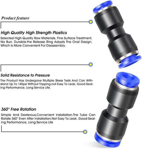 TAILONZ PNEUMATIC Blue Straight Reducing 3/16" Tube OD x 3/8" Tube OD Tube OD Push to Connect Tube Fittings Push Lock PG3/16-3/8 (Pack of 10)...