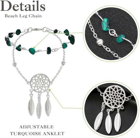 Layered Anklets Bracelets Silver Turquoise Anklet Chain Beach Leg Chain for Women...