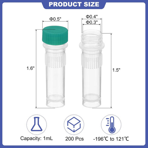 PATIKIL 1ml Plastic Cryogenic, 200Pcs Self Standing Cryogenic Vial Screw Top Frozen Test Tube for Lab Laboratory Science, Green Cap...