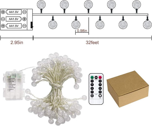 Metaku Globe Fairy Lights Battery Operated 33ft 80LED String Lights with Remote Waterproof Indoor Outdoor Hanging Decorative Christmas Lights for ...